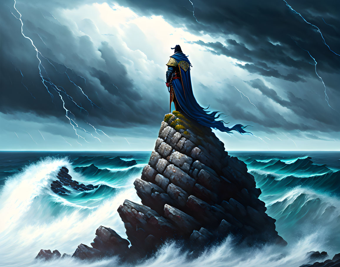 Figure in blue cloak on rugged cliff overlooking stormy sea with lightning in dark sky