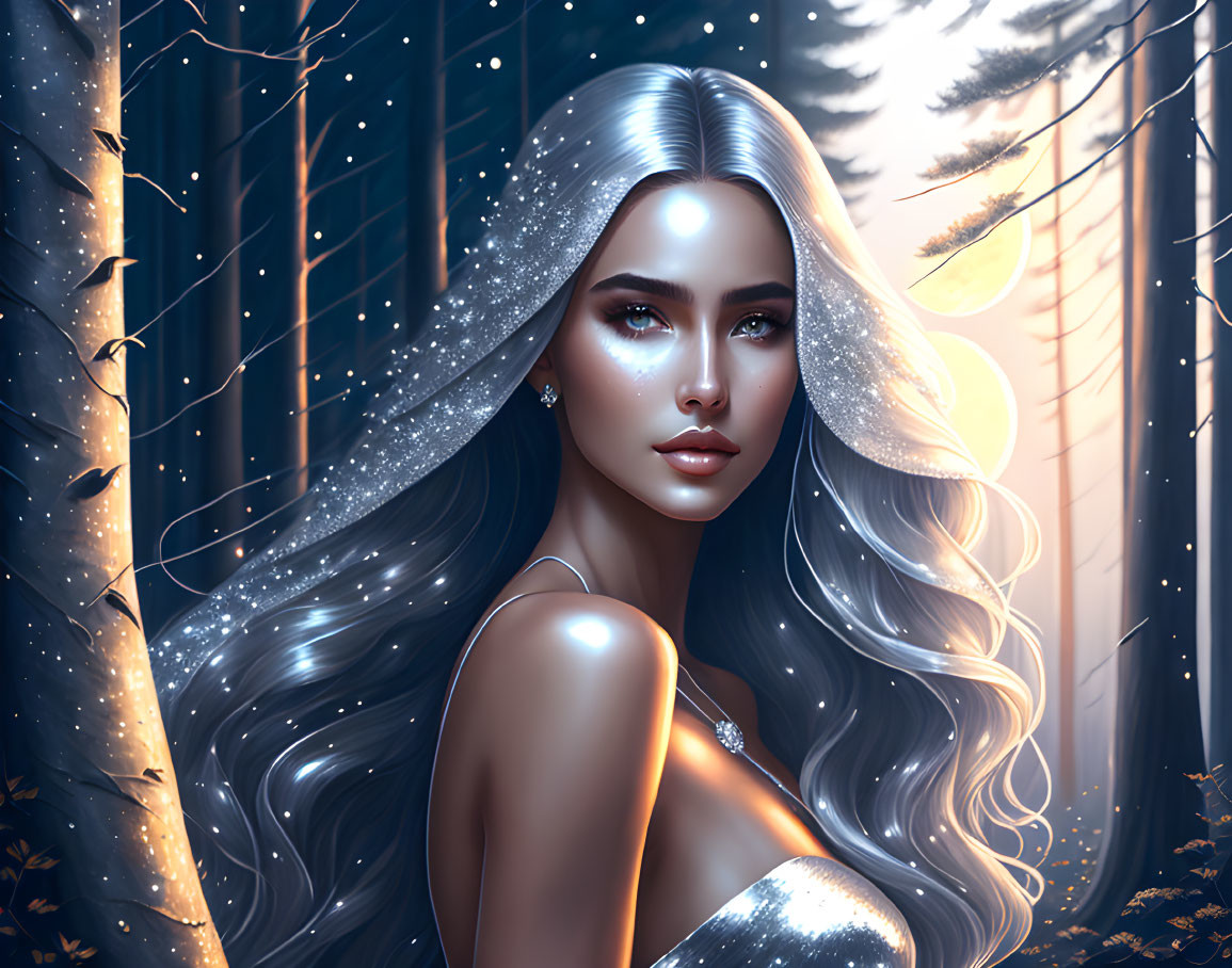 Illustration of woman with glittering hair in twilight forest.