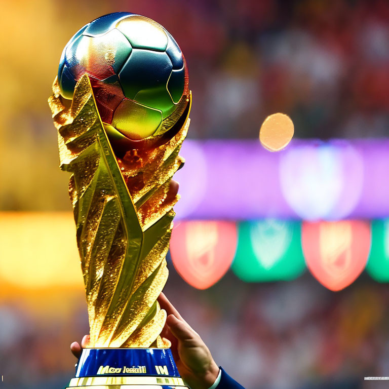 Close-up of held-up soccer trophy in stadium setting