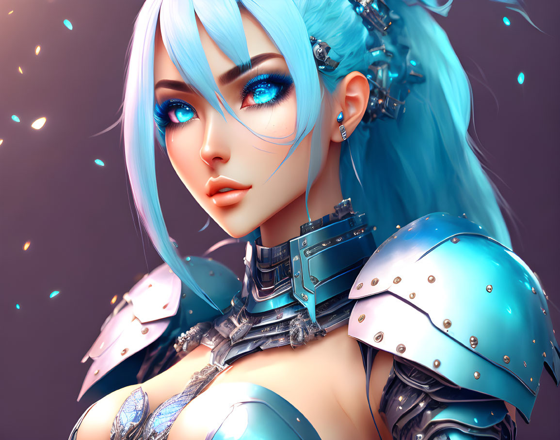 Illustration of female in blue hair & armor with glowing elements