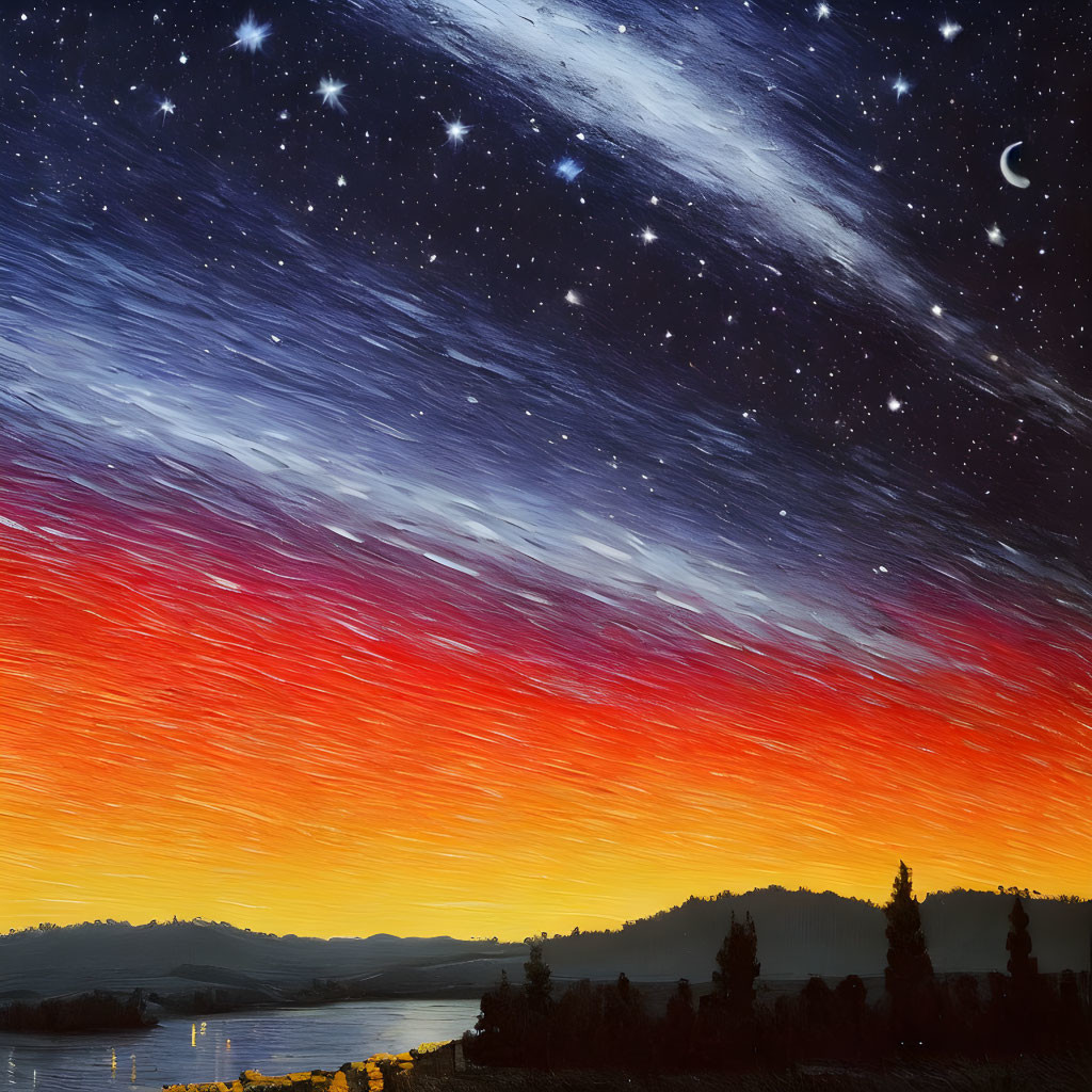 Starry night sky over hills and water at sunset-blue transition