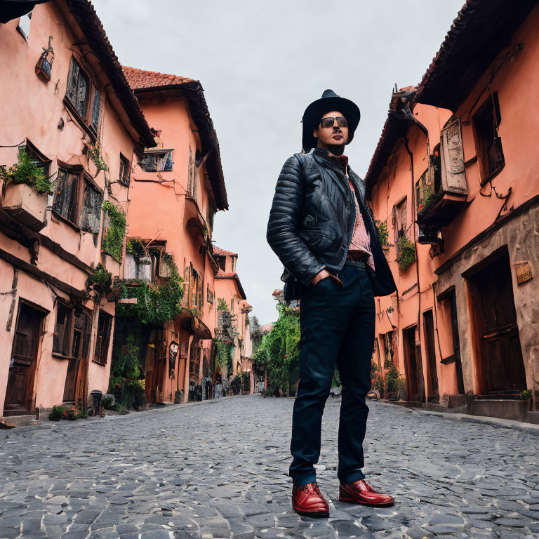 Fashionable individual in black jacket, hat, and red shoes on cobblestone street with old buildings