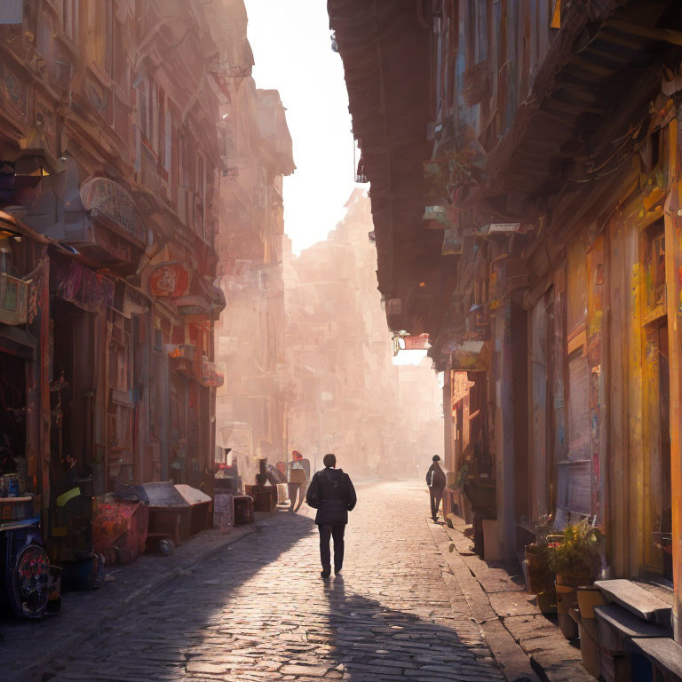 Rustic cobblestone street at sunrise with quaint buildings