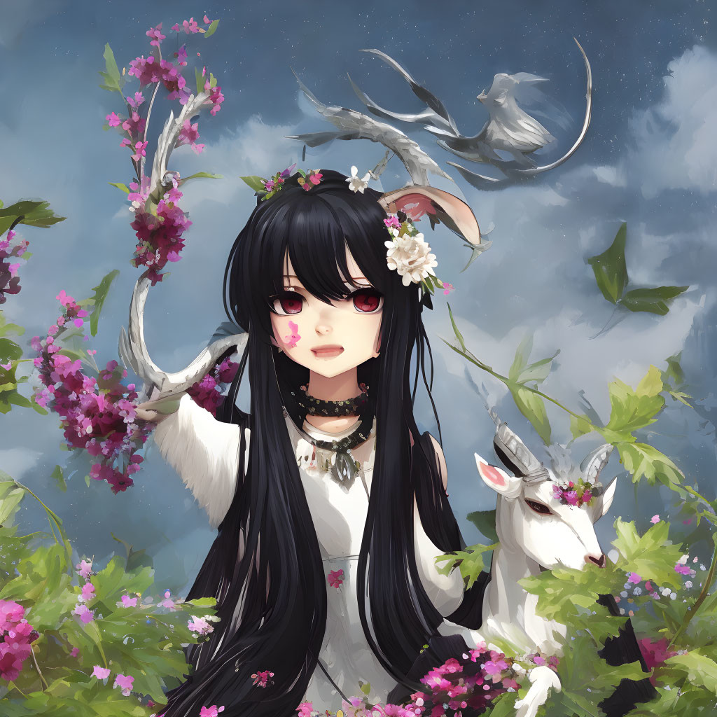 Illustrated girl with black hair and red eyes next to white goat under cloudy sky