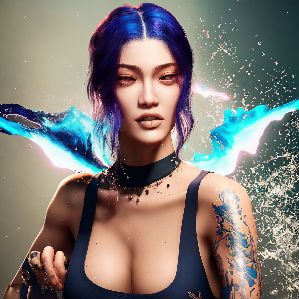 Digital portrait: Woman with blue and purple hair and liquid-like wings on neutral background