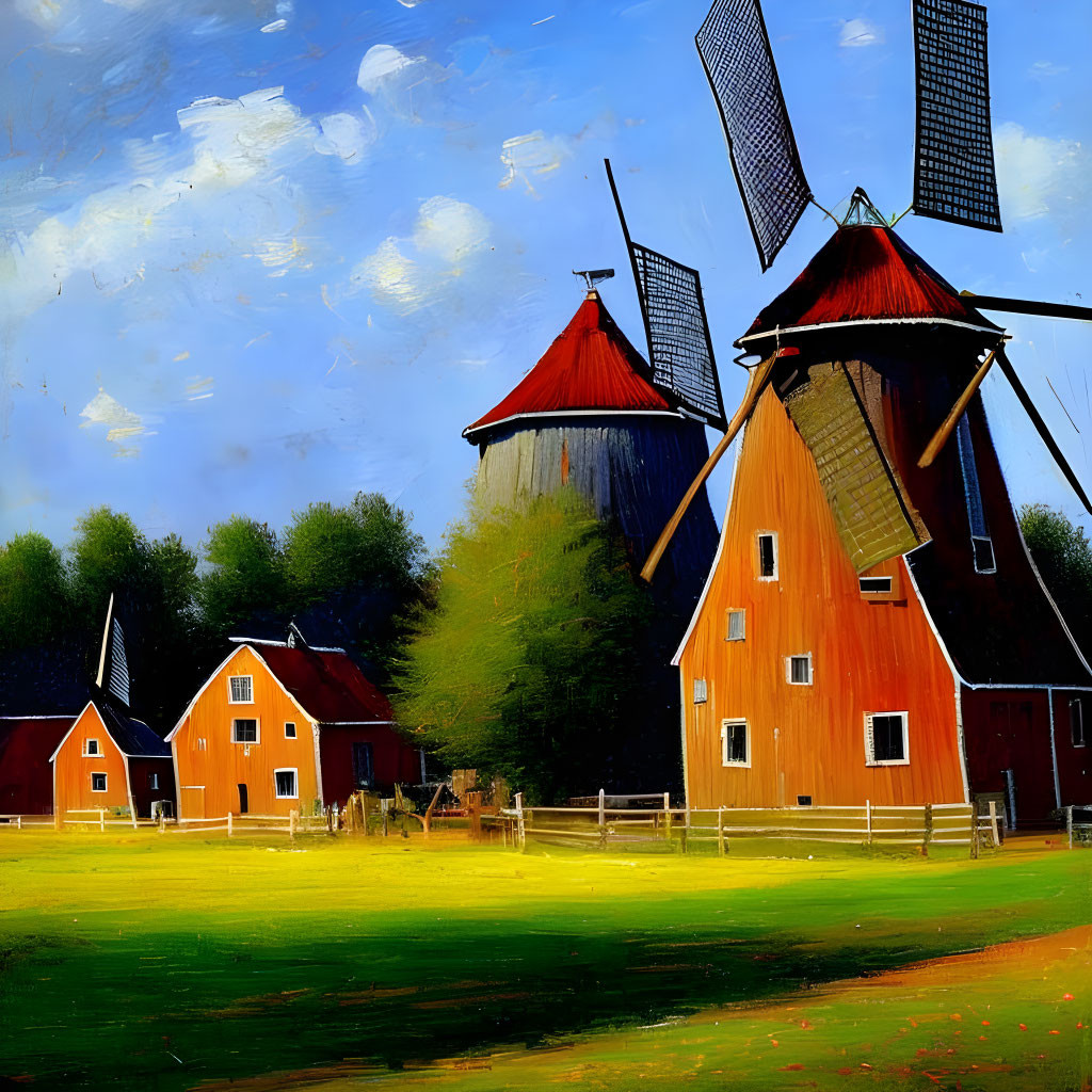 Scenic painting of traditional windmills and red-roofed buildings