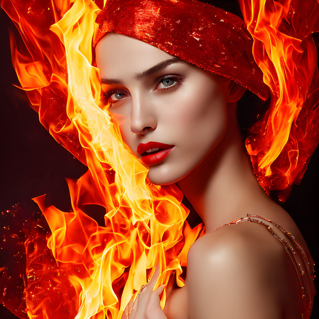 Woman with striking makeup and red headscarf engulfed in vivid flames