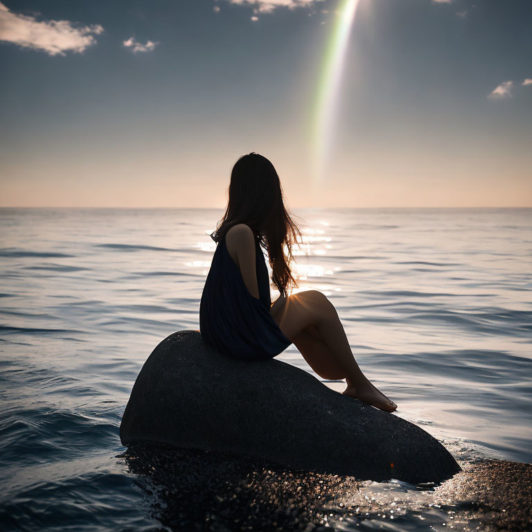 Woman sitting on rock by sea watching sunset with visible sunbeam