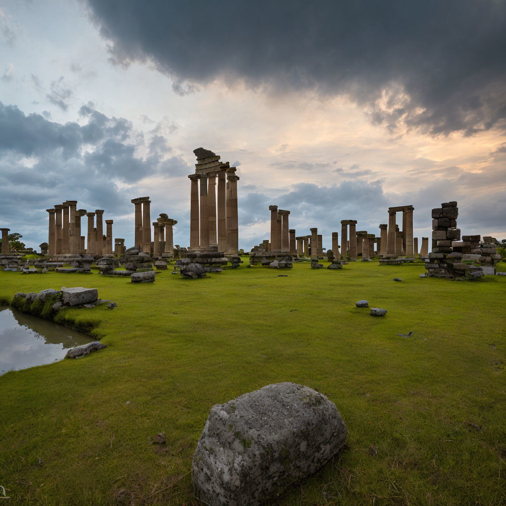 Ancient stone ruins with standing and fallen columns on grassy field under dramatic cloudy sky at dusk