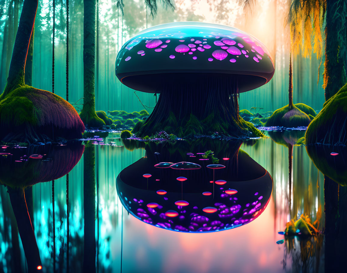 Giant Neon-Spotted Mushroom in Forest Pond Twilight