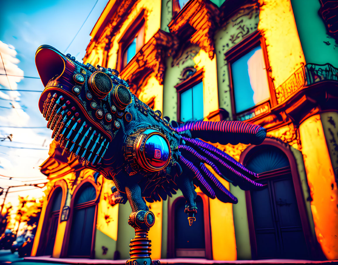 Steampunk-inspired fish sculpture with gears in urban sunset setting