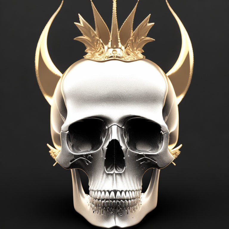 Silver Skull with Gold Horns and Crown on Black Background