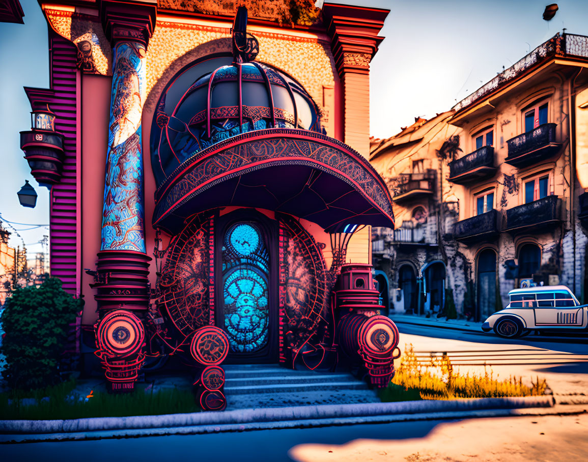 Vintage building with ornate ironwork, pink pillars, blue stained glass door, classic car on street