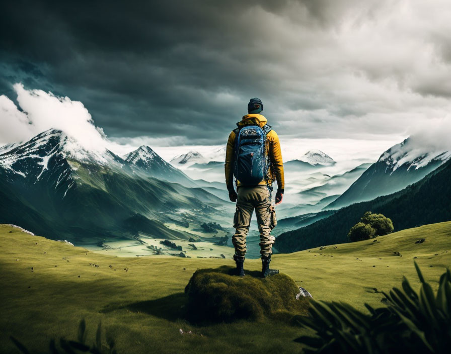 Person on grassy hill admiring stormy mountain range