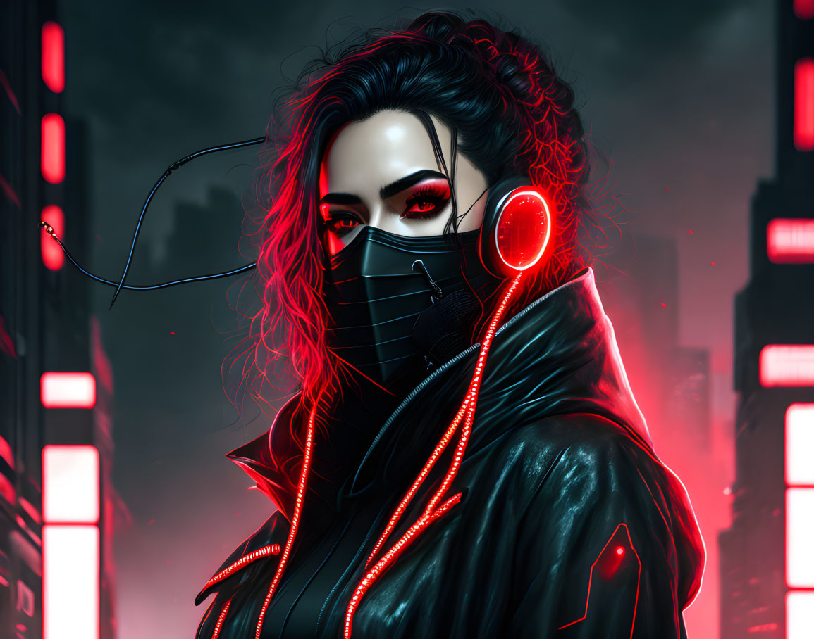 Futuristic woman with red eyes and headphones in neon-lit city