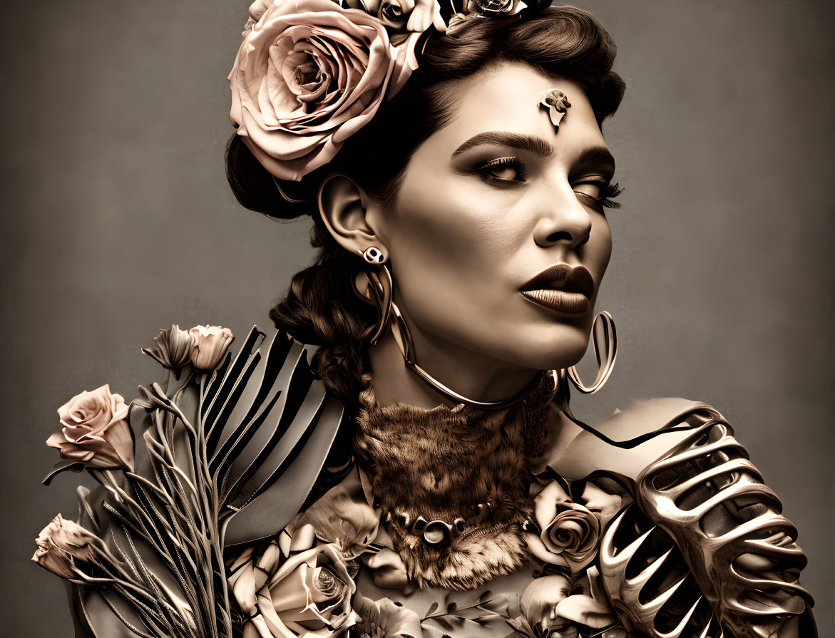 Sepia-toned portrait of woman with floral and skeletal motifs