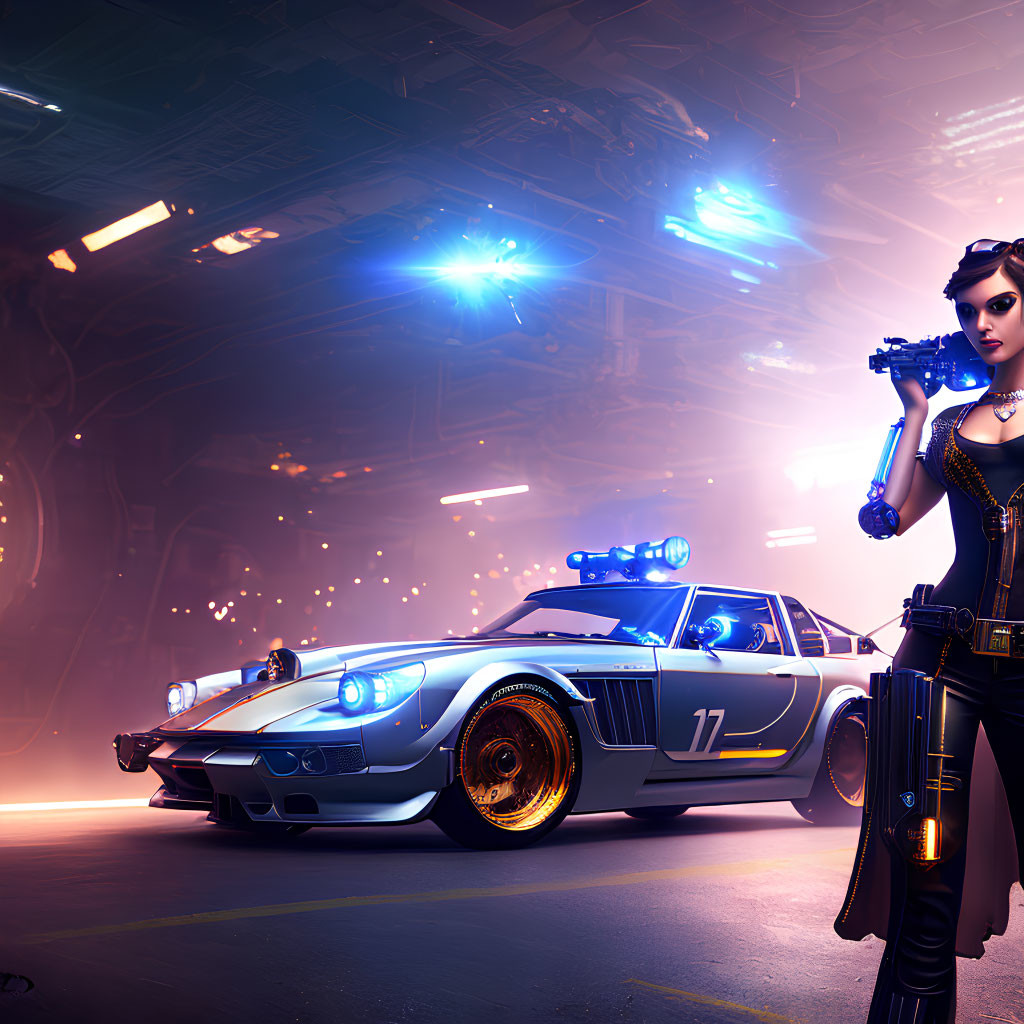 Futuristic woman in combat outfit with gun by neon-lit police car