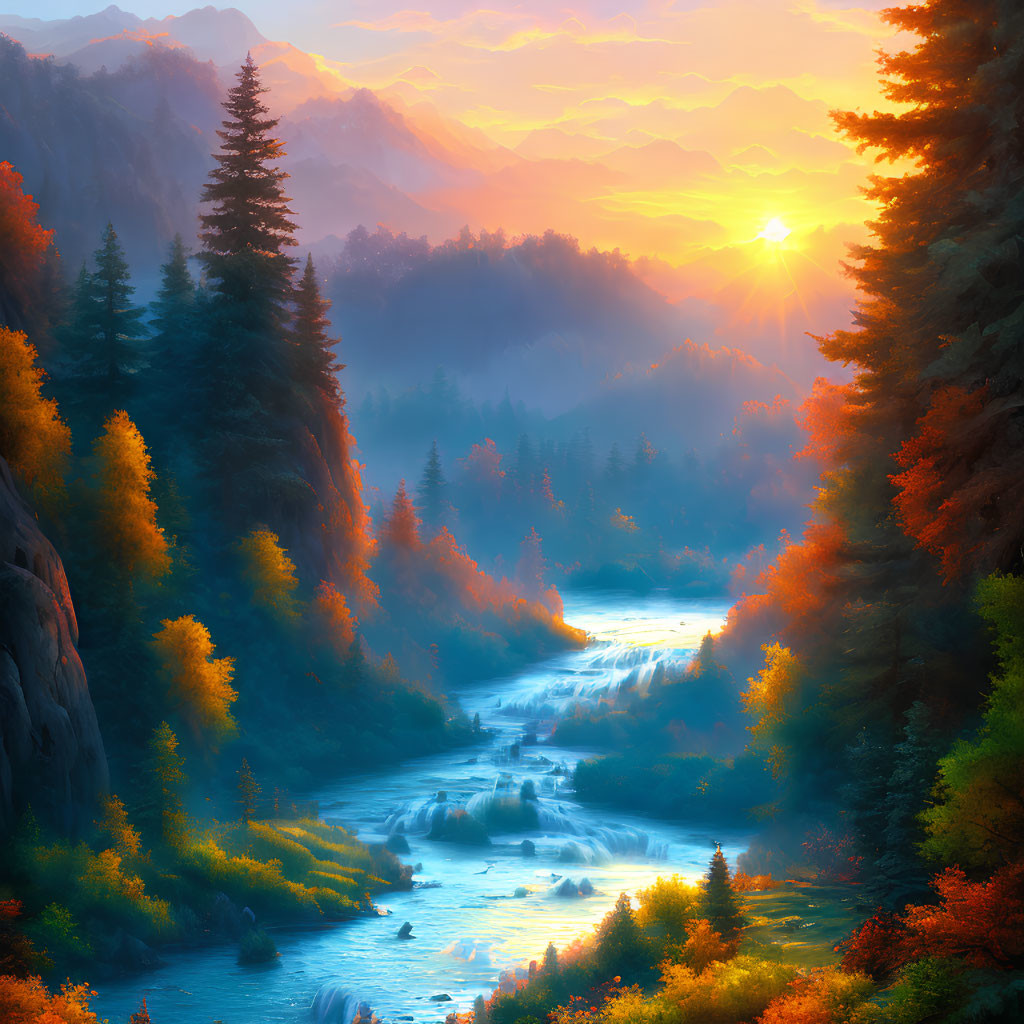 Scenic sunrise over vibrant autumn forest, river, and misty mountains