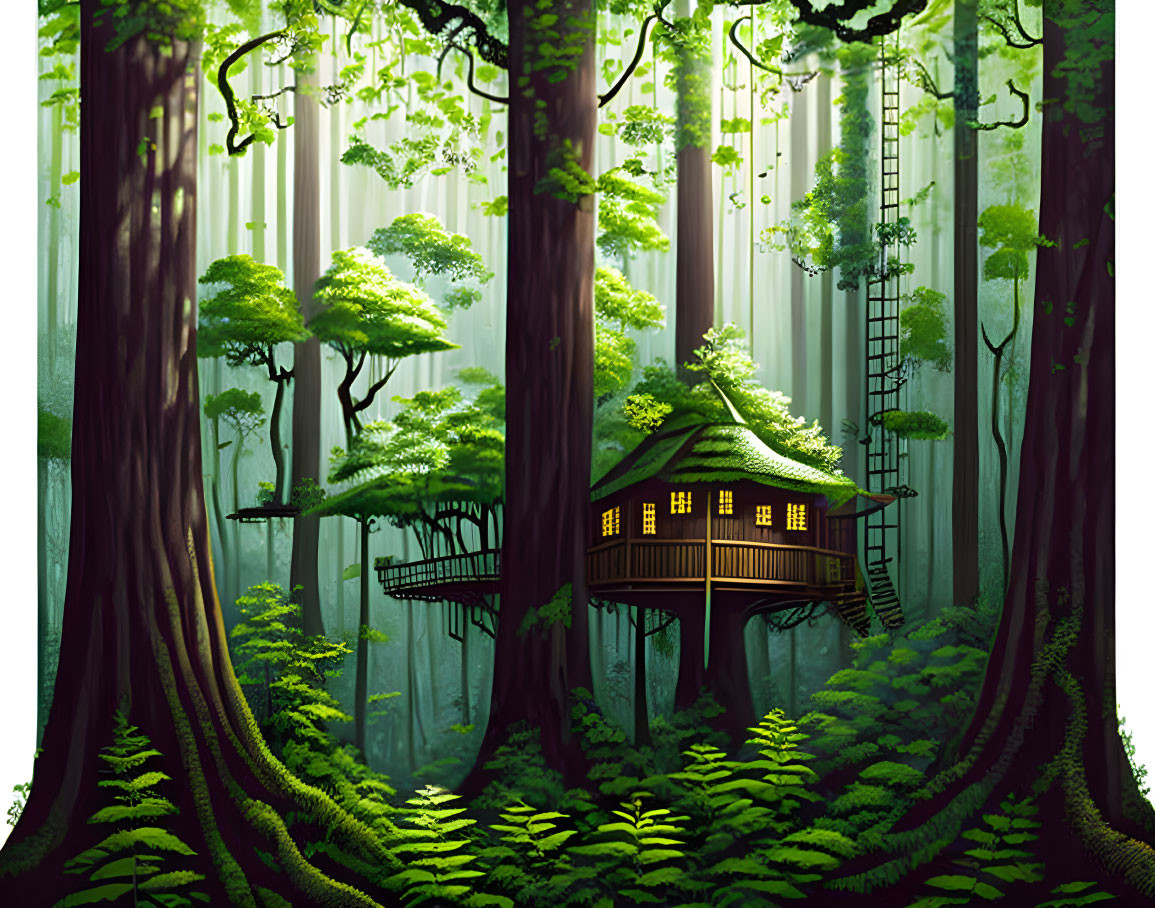 Tranquil forest scene with treehouse and lush greenery