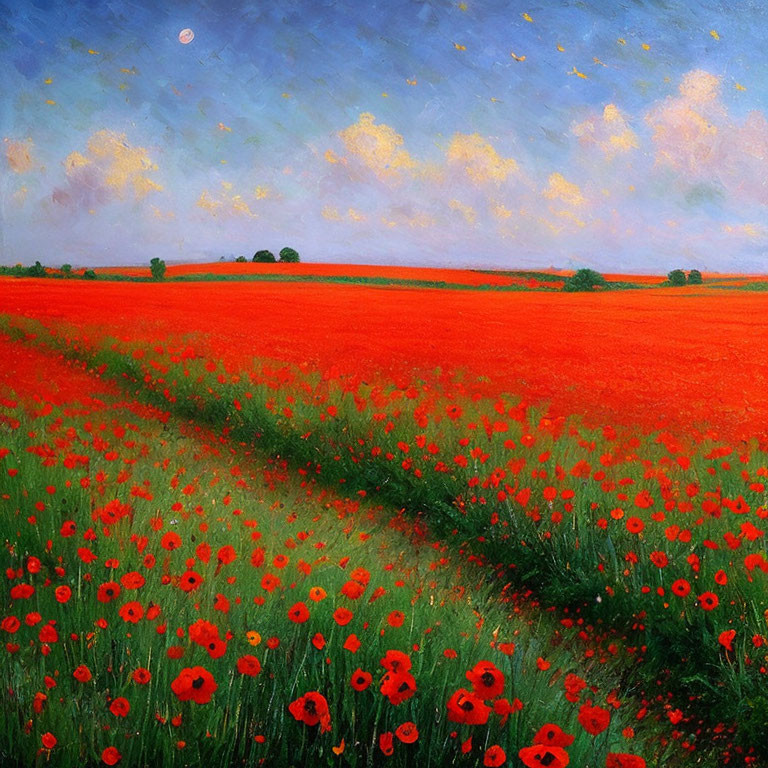 Colorful painting of red poppies in a field under a blue sky with clouds and a tiny moon