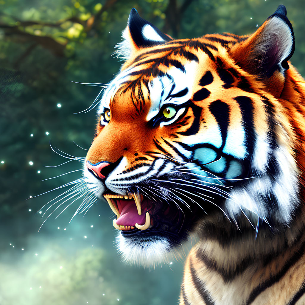 Detailed digital tiger head illustration in mystical forest setting