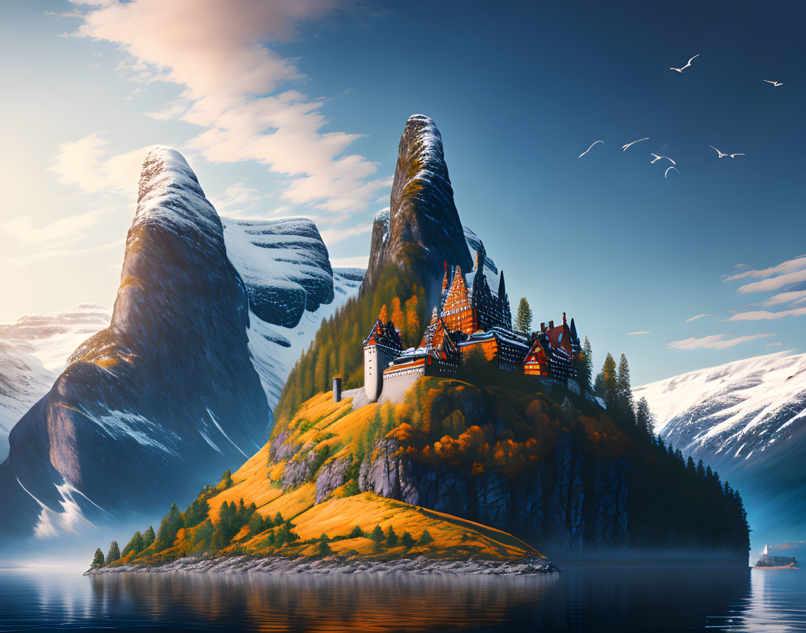 Fantasy landscape with castle on autumnal island, snow-capped peaks, birds, and ocean