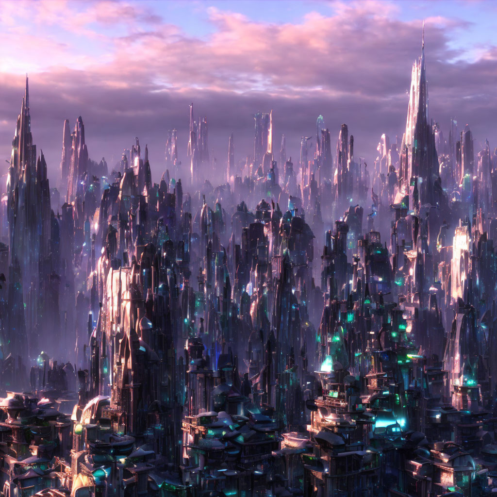 Futuristic cityscape with crystal skyscrapers at twilight