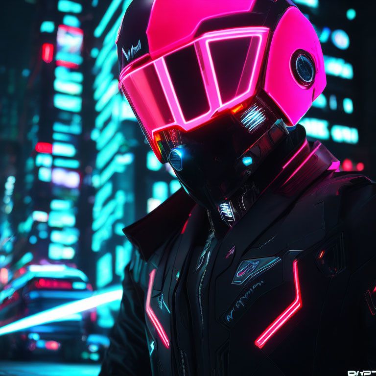 Futuristic helmet with neon lights in cyberpunk cityscape