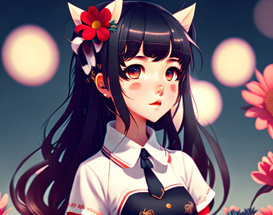 Cat-eared anime girl in school uniform with black hair and flowers, set in pink floral background