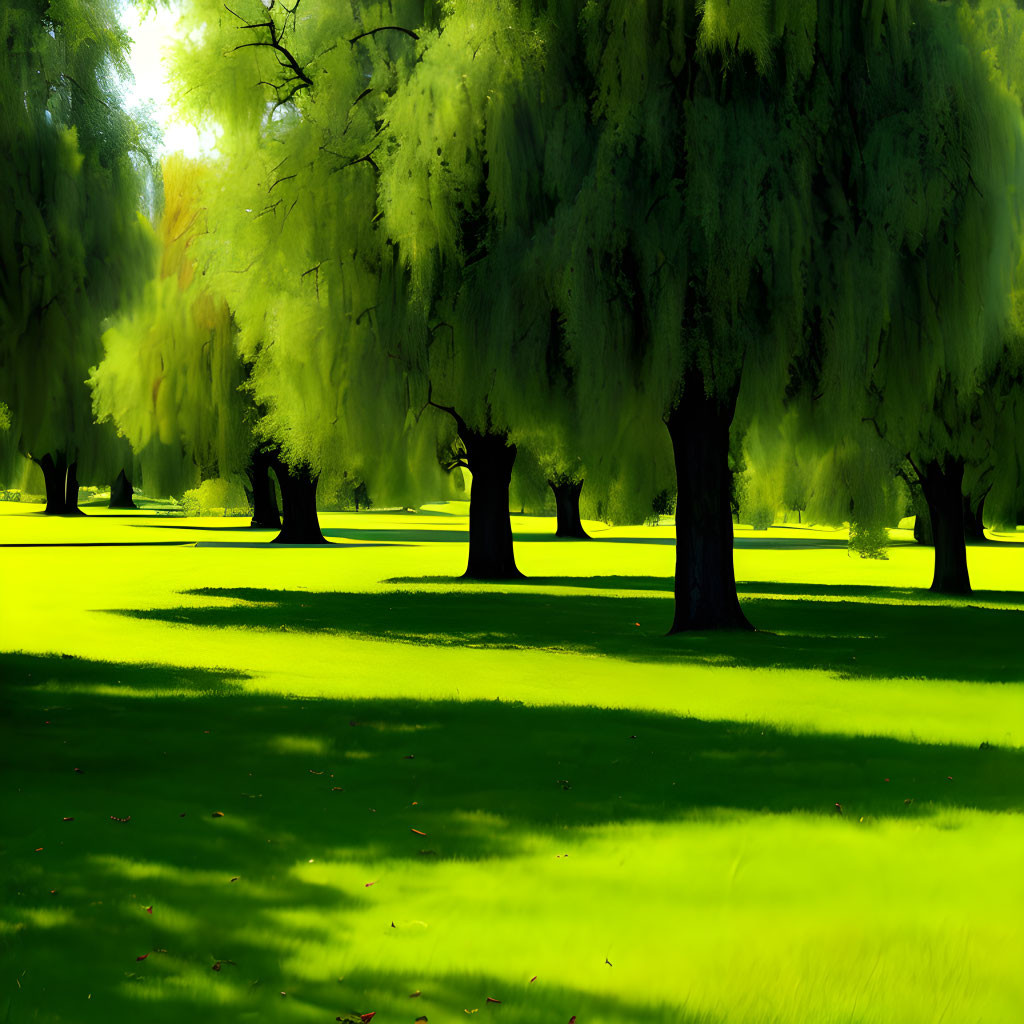 Sunlit Weeping Willow Trees in Vibrant Green Landscape