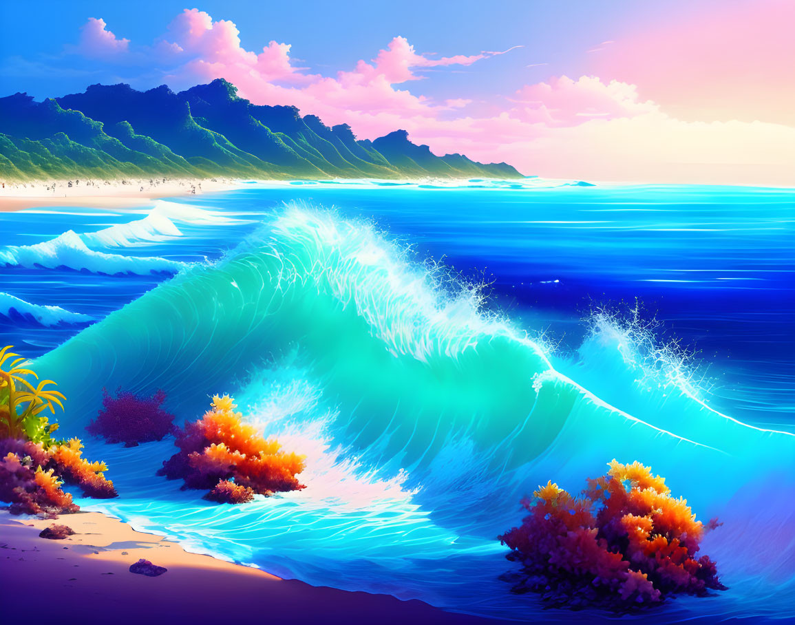 Colorful Beach Scene with Translucent Wave and Coral Vegetation