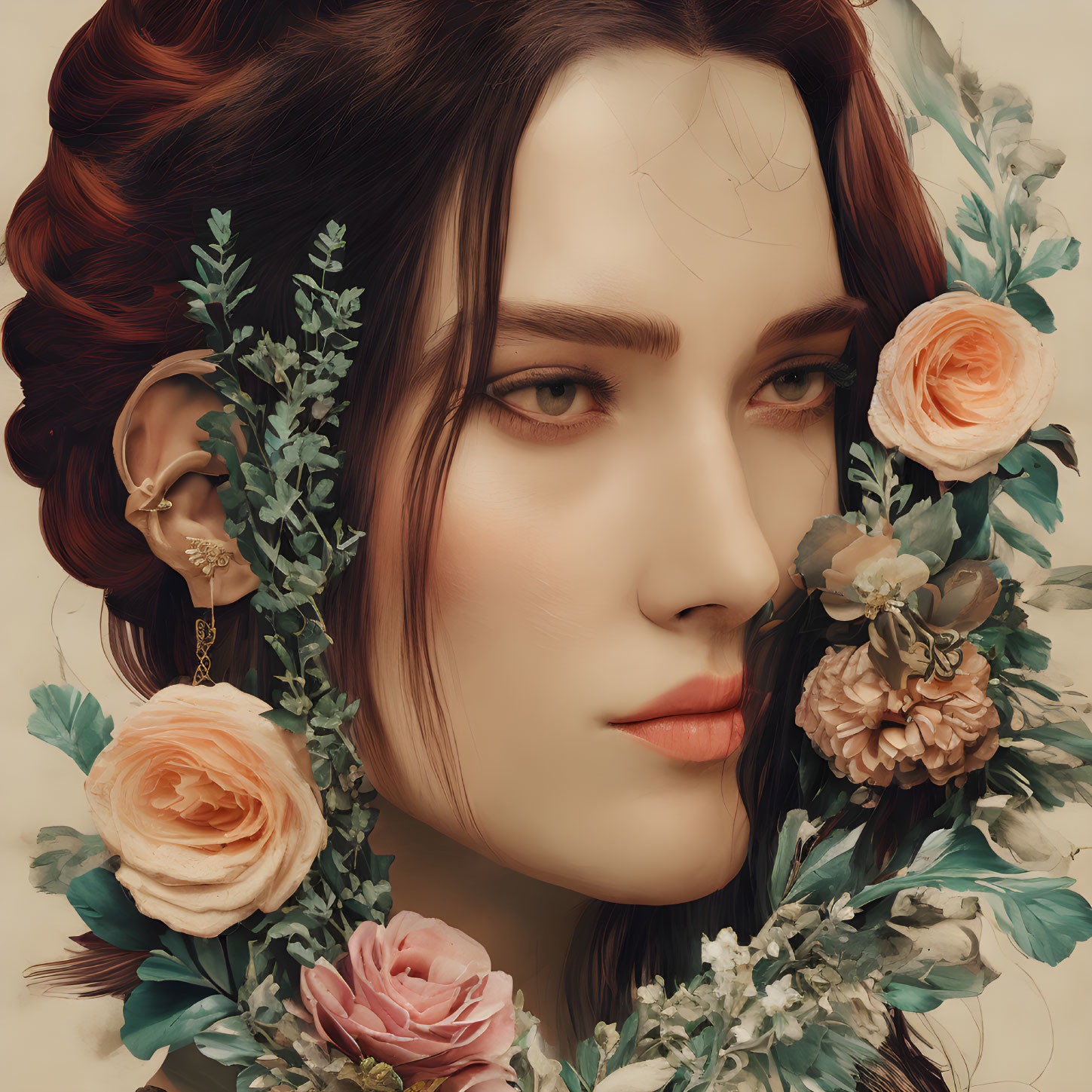 Digital Art Portrait: Woman with Red Hair and Rose Wreath