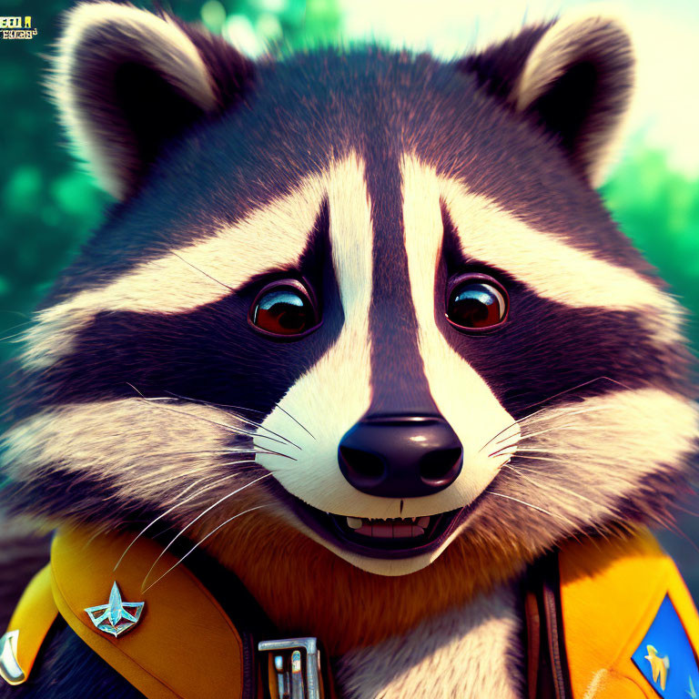 Animated raccoon character in orange spacesuit with expressive eyes on green background