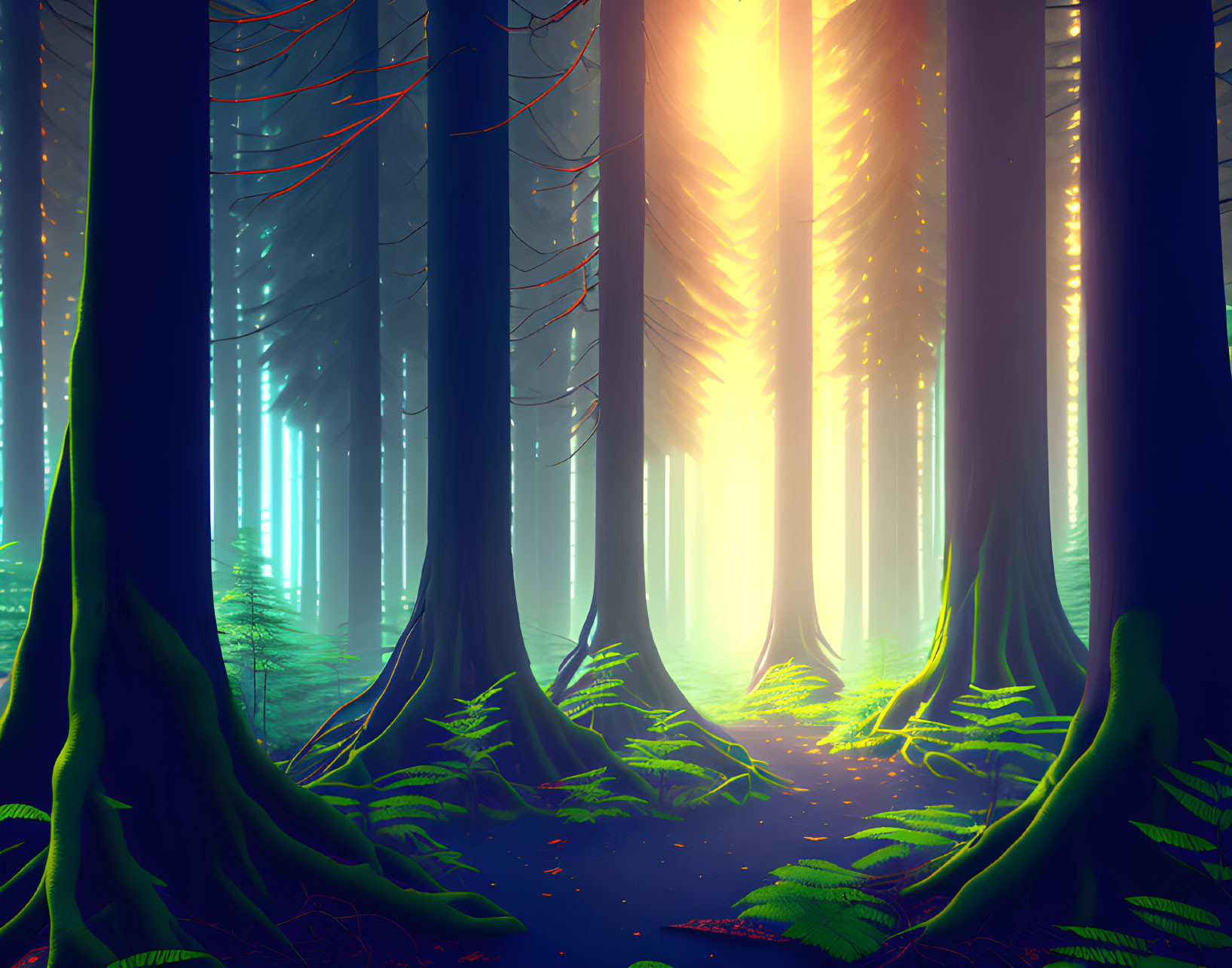 Mystical forest with towering trees and warm glowing light