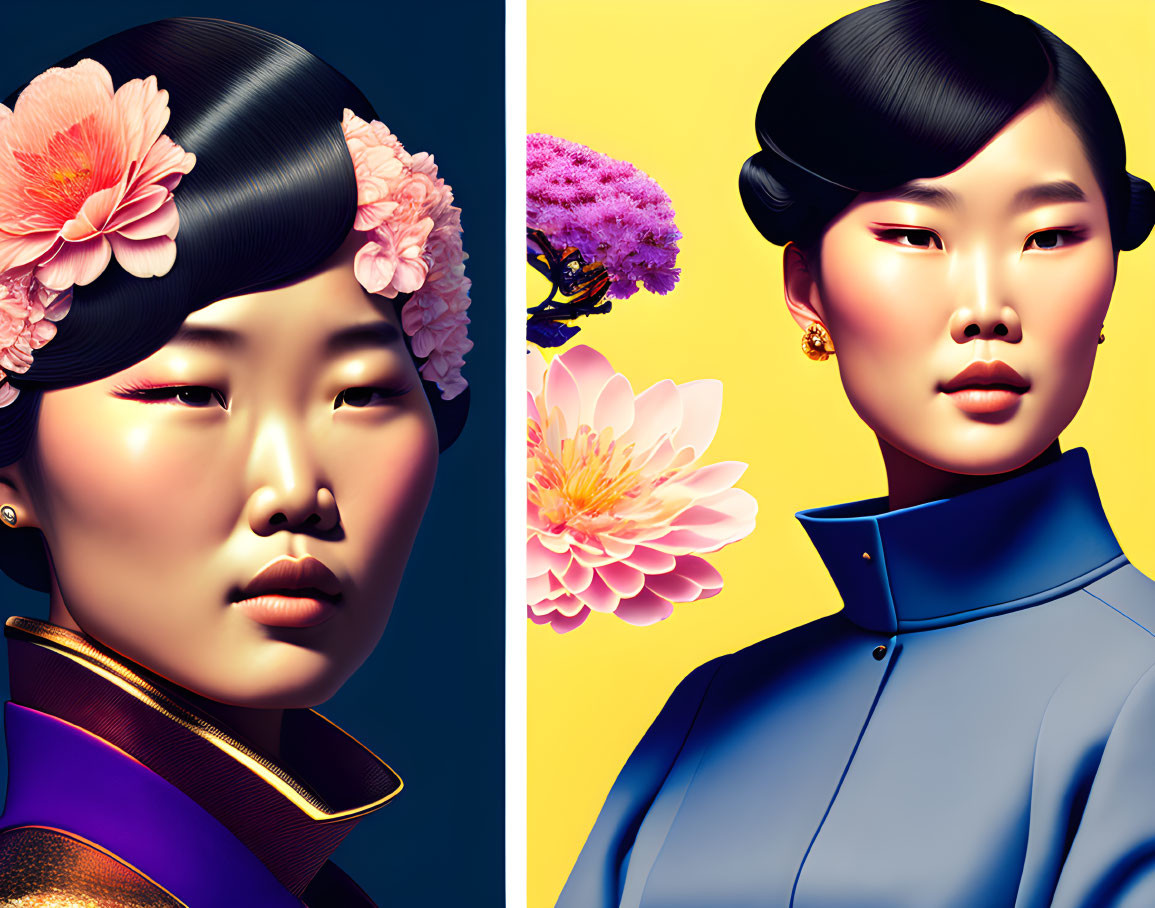 Stylized Asian woman in traditional attire diptych on yellow and purple background