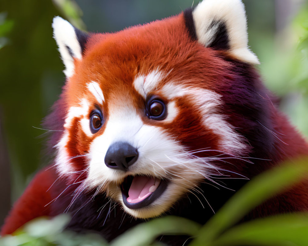 Red panda with rich red fur and white facial markings in green foliage