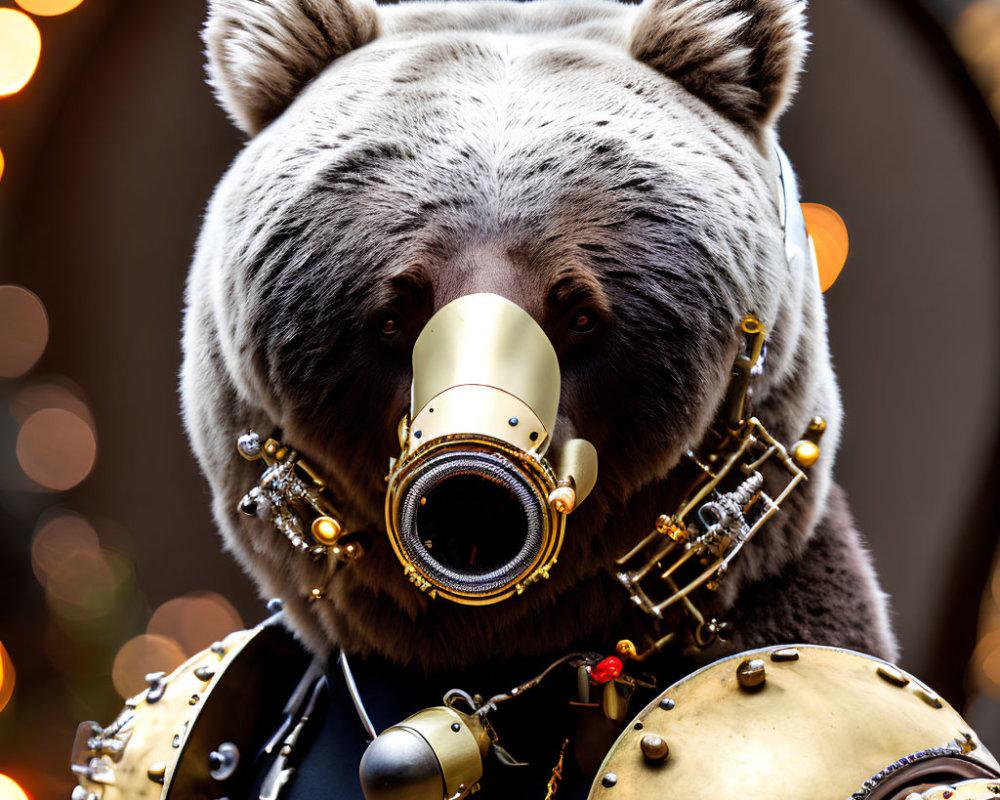 Steampunk-inspired bear with brass mask and armor on bokeh light background