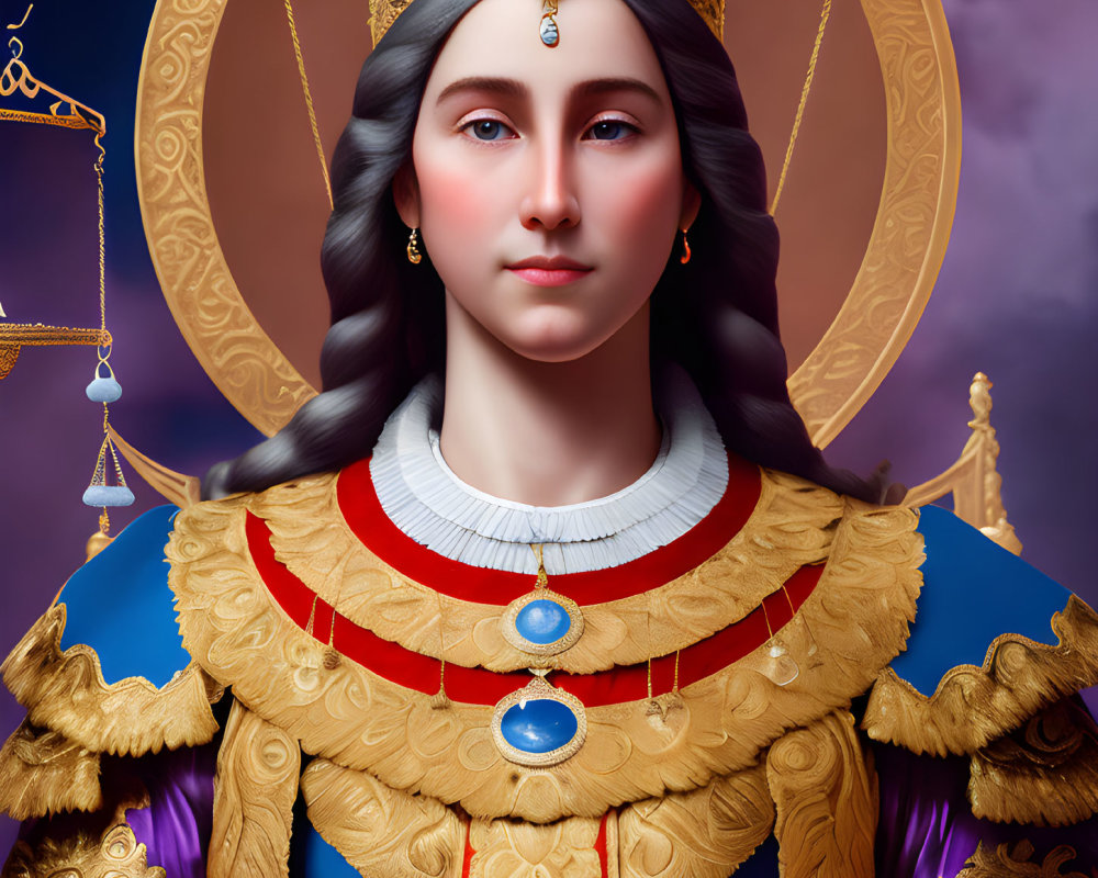 Digital Artwork: Woman in Regal Attire with Halo, Crown, and Scales Symbol