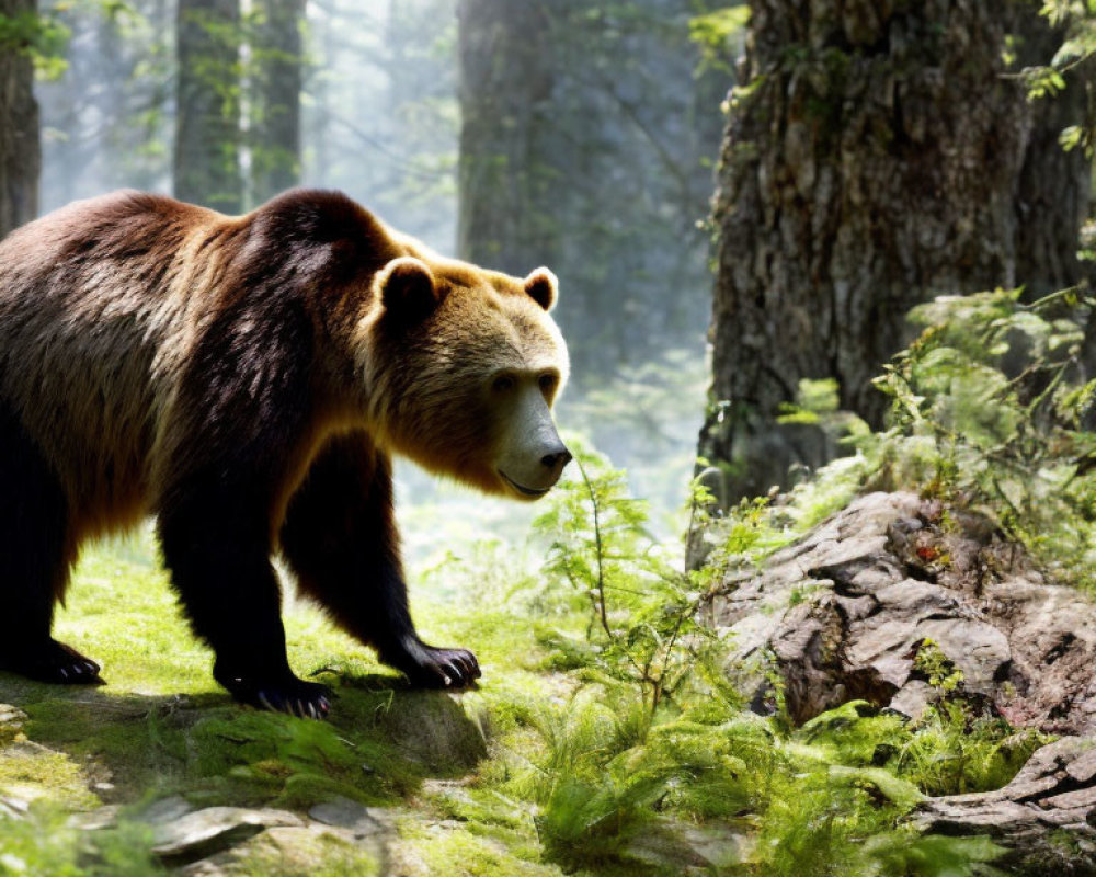 Brown Bear Walking in Sunlit Forest with Fallen Tree Trunk