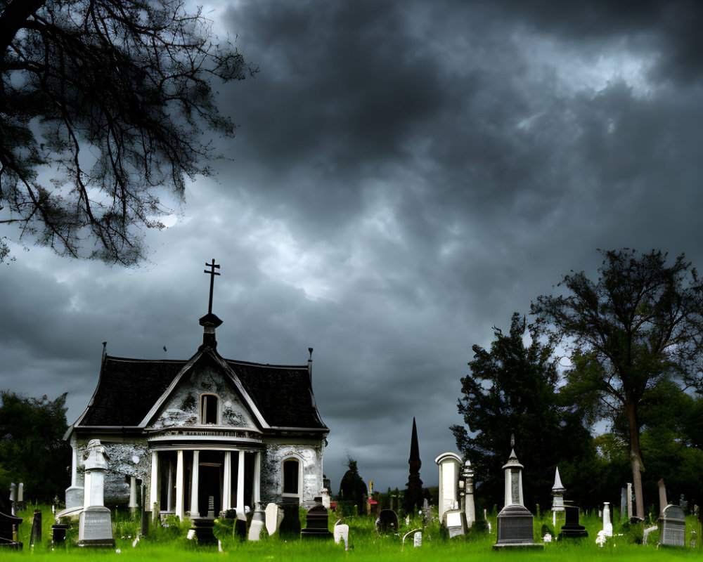 Eerie cemetery scene with old church under menacing sky