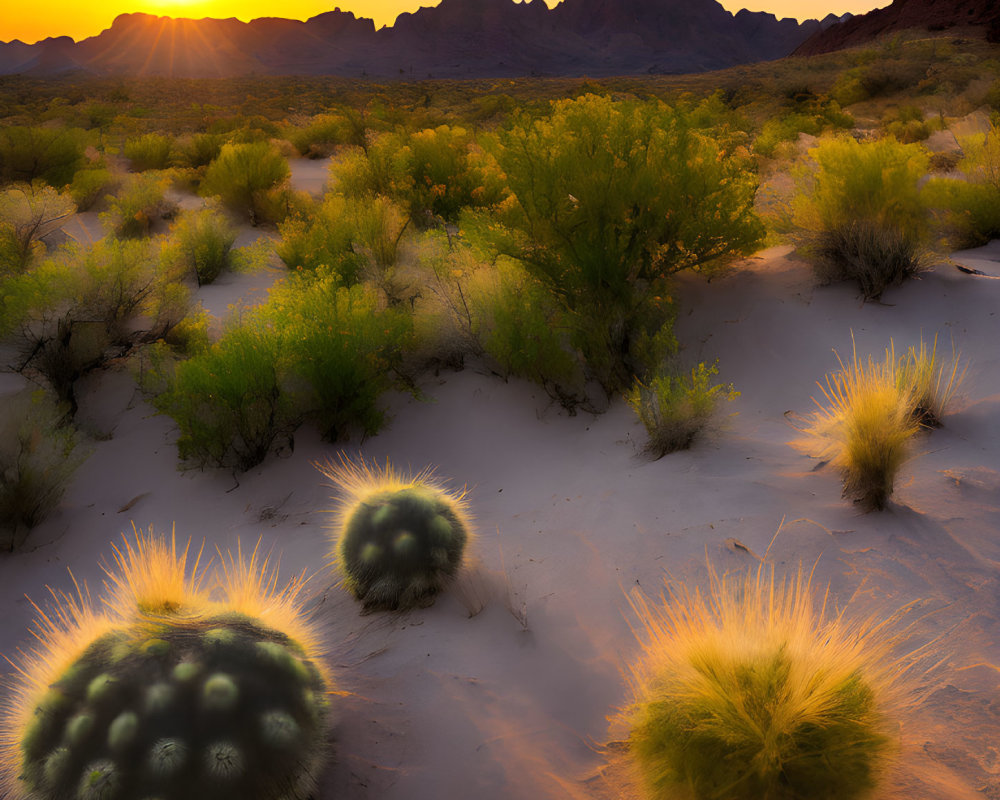 Desert landscape at sunset with cacti and mountain silhouettes