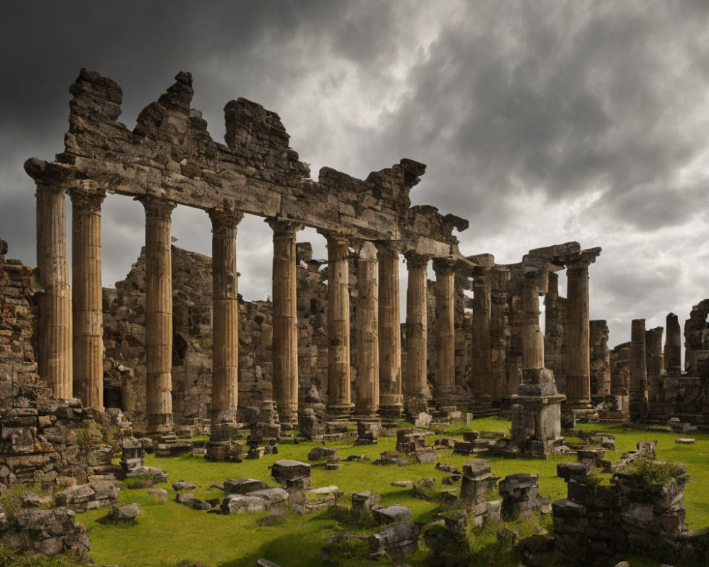 Ancient classical temple ruins with towering columns under dramatic cloudy sky