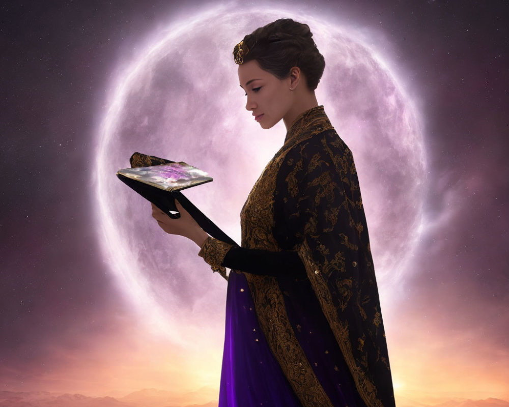 Regal woman with open book under rising moon.