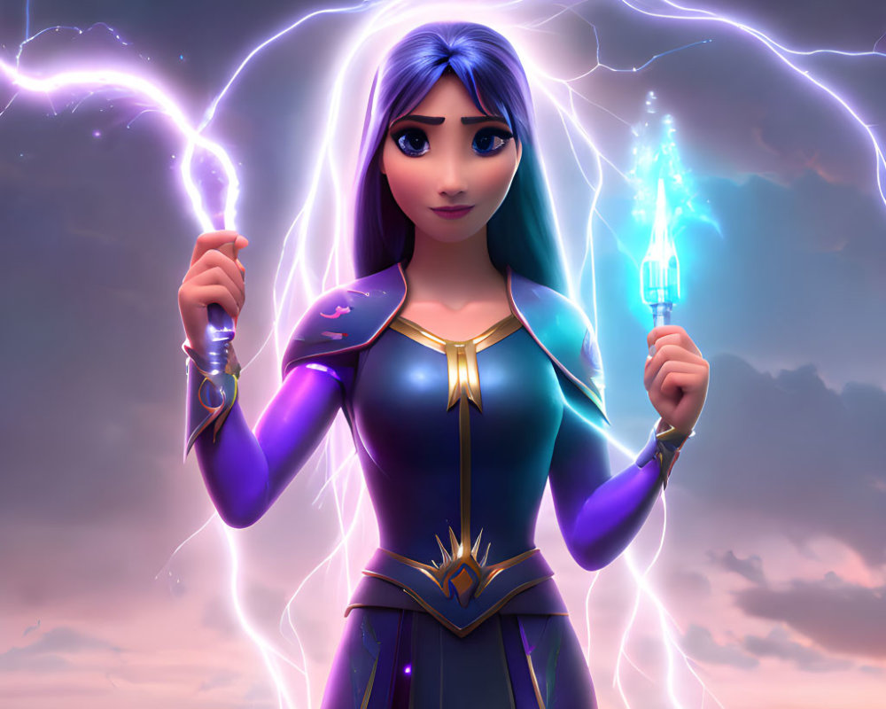 Blue-haired animated character wields magic staff amid purple lightning in dusky sky