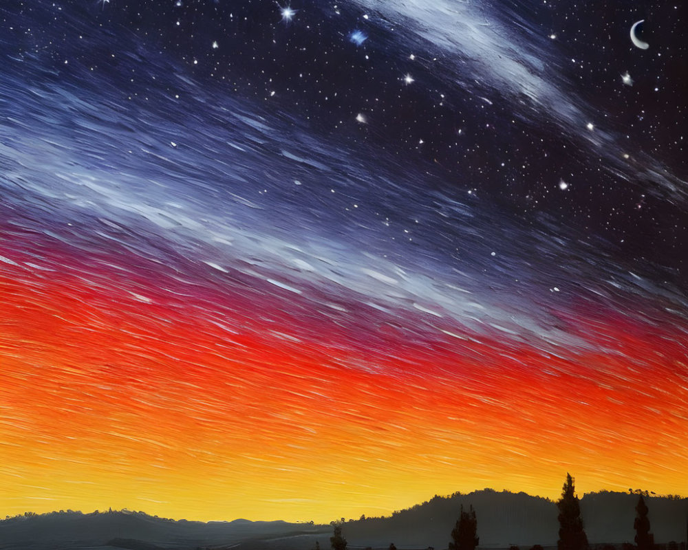 Starry night sky over hills and water at sunset-blue transition