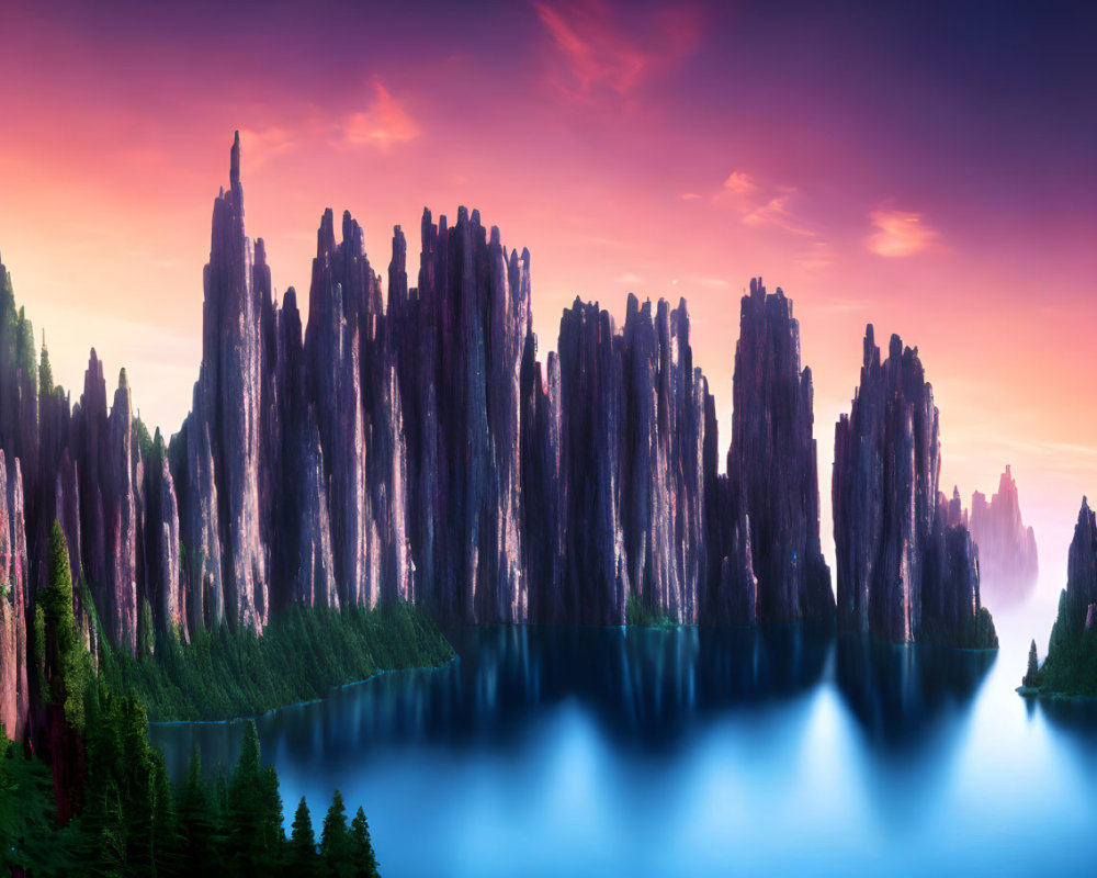 Surreal landscape with jagged rock formations and misty lake at twilight