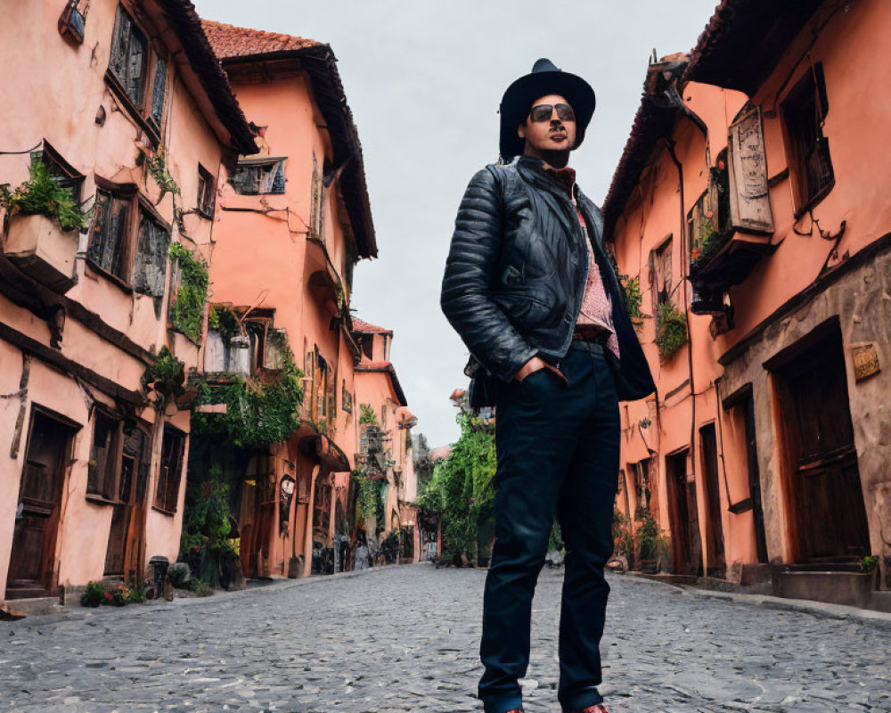 Fashionable individual in black jacket, hat, and red shoes on cobblestone street with old buildings