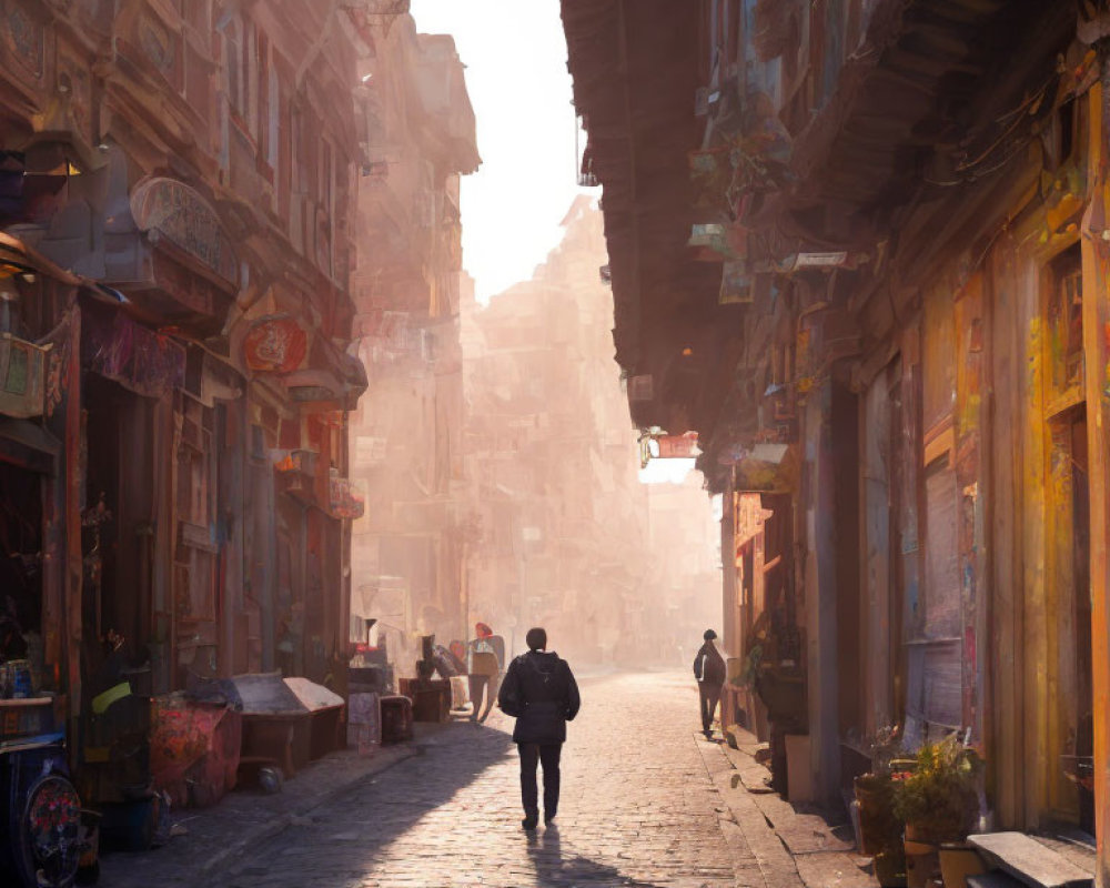 Rustic cobblestone street at sunrise with quaint buildings