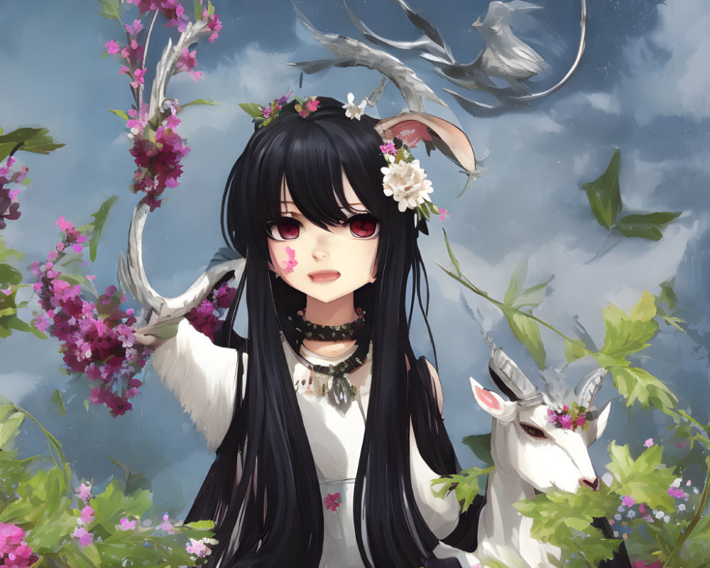 Illustrated girl with black hair and red eyes next to white goat under cloudy sky