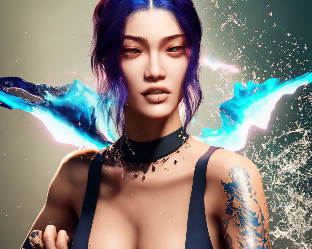 Digital portrait: Woman with blue and purple hair and liquid-like wings on neutral background